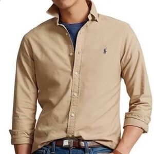 Ralph Lauren Men’s Tan Button-Down Oxford Shirt with Navy Pony